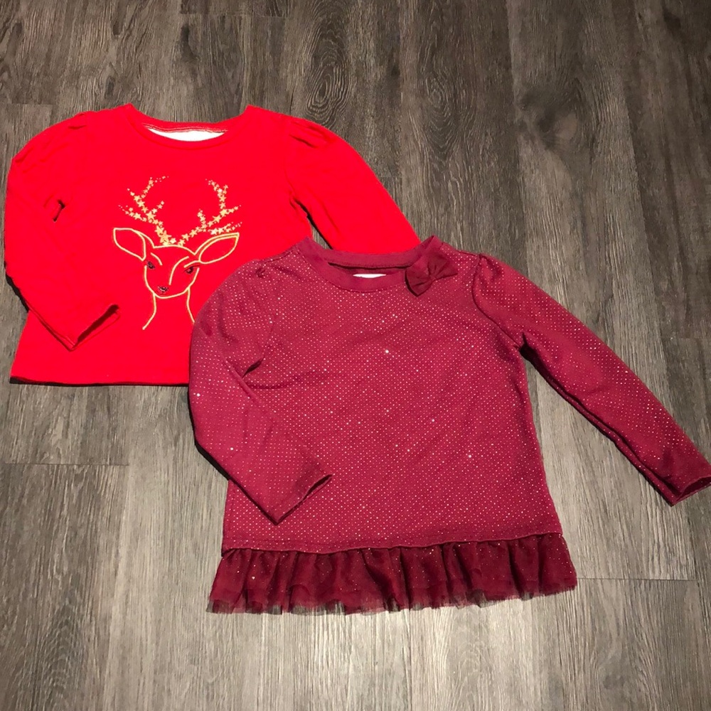 2-5Y Holiday Shirts: Burgundy & Gold Epic Threads Tunic, Gap Reindeer Sweatshirt
